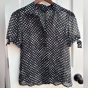 Ladies Theory Vintage Silk Short-Sleeve Sheer Collared Button-Down Dot Blouse